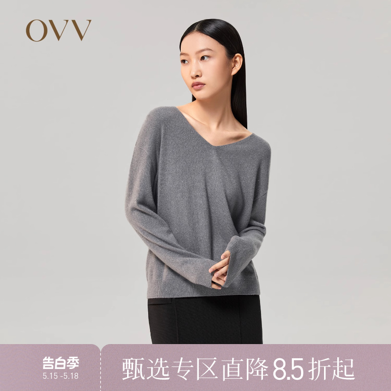 OVV秋冬女装山羊绒宽松廓形套头微光金属感长袖针织衫