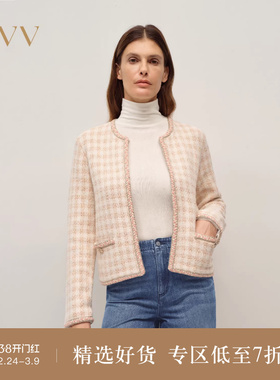 OVV2025秋冬新款女装花式格纹图案织带镶边针织开衫外套
