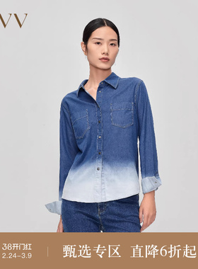 OVV秋冬新款女装日本进口水洗渐变长袖休闲牛仔衬衫