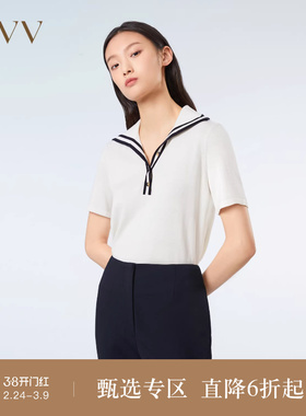 OVV春夏热卖女装丝棉混纺精致休闲半开襟海军风航海短袖针织衫