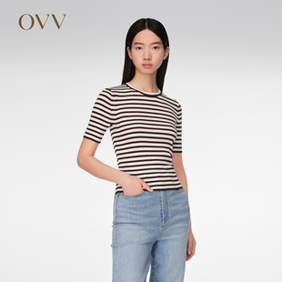 针织衫 丝棉混纺基础条纹圆领短袖 女装 OVV春夏热卖
