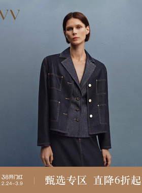 OVV秋冬新款女装高级丹宁刺绣简约无领休闲牛仔夹克外套