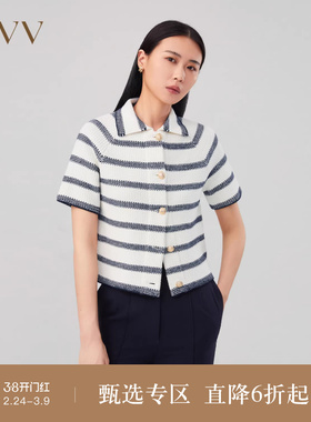 OVV秋冬新款女装全羊毛海军风条纹翻领短袖针织外套