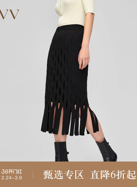 【可机洗黄金羊毛】OVV秋冬新款女装流苏设计感针织半裙