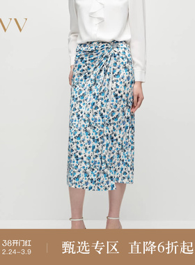 OVV2025春夏新款女装清爽印花扭结设计浪漫法式碎花半身裙