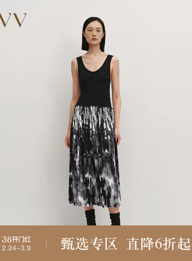 【黄金羊毛】OVV秋冬热卖女装针梭镶拼印花无袖连衣裙