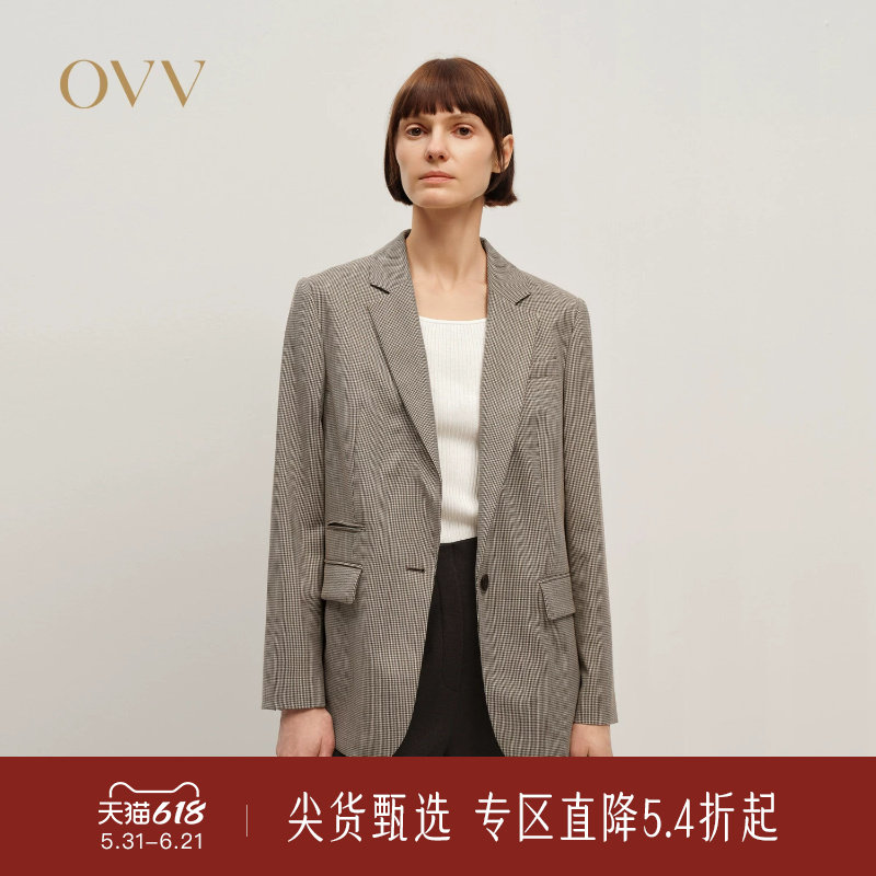OVV秋冬新款女装经典一粒扣优雅千鸟格纹羊毛西服外套