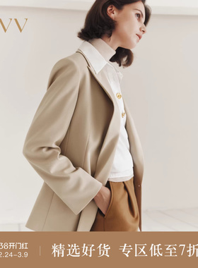 OVV2025秋冬新款女装精纺羊毛戗驳领双排扣休闲西服外套