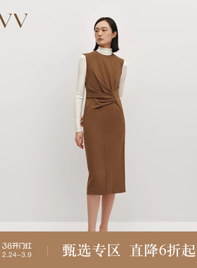 OVV秋冬热卖女装简约圆领设计感前中开衩无袖连衣裙