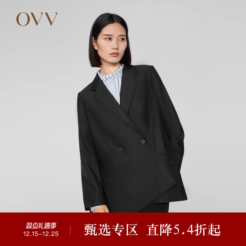 OVV秋冬新款女装双排扣平驳领侧缝开衩优雅单件西服外套