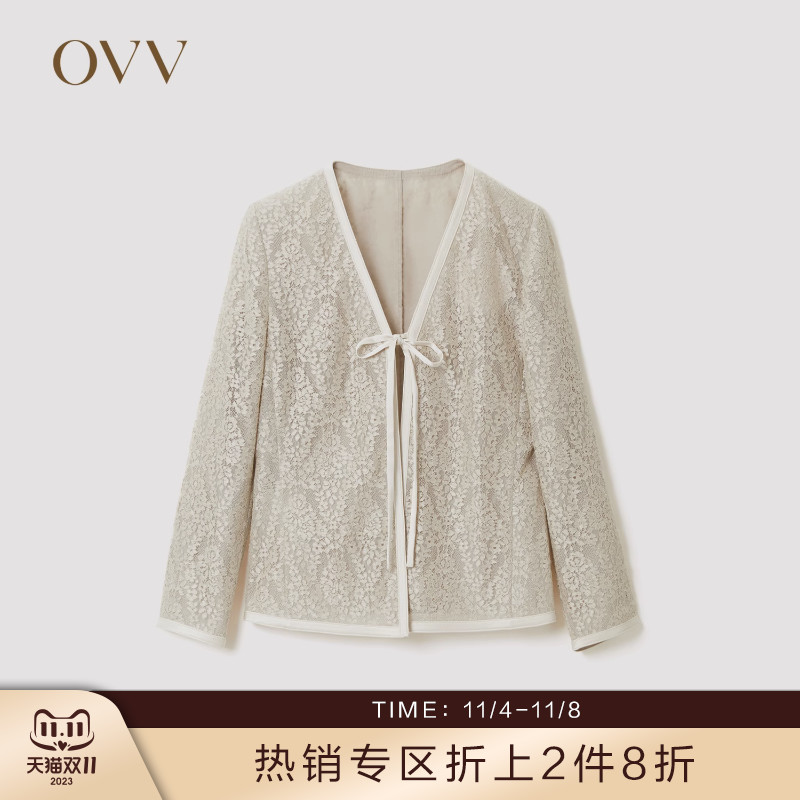 OVV春夏热卖女装精致亚麻蕾丝V领系带撞色贴边通勤休闲外套