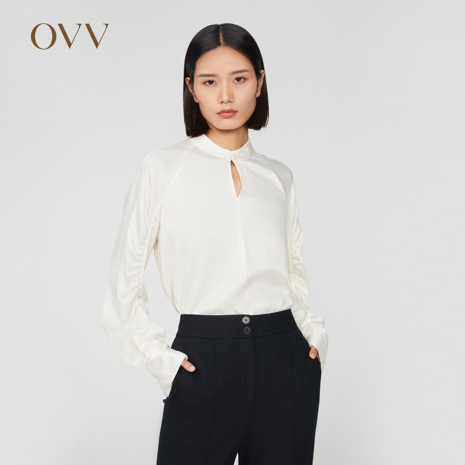 OVV秋冬新款女装21MM桑蚕丝莫代尔肌理感分割抽褶立领上衣