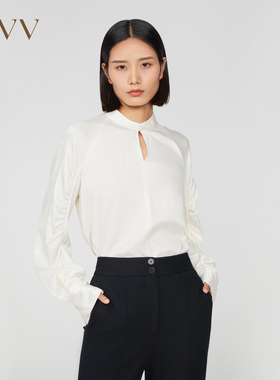 OVV秋冬新款女装21MM桑蚕丝莫代尔肌理感分割抽褶立领上衣