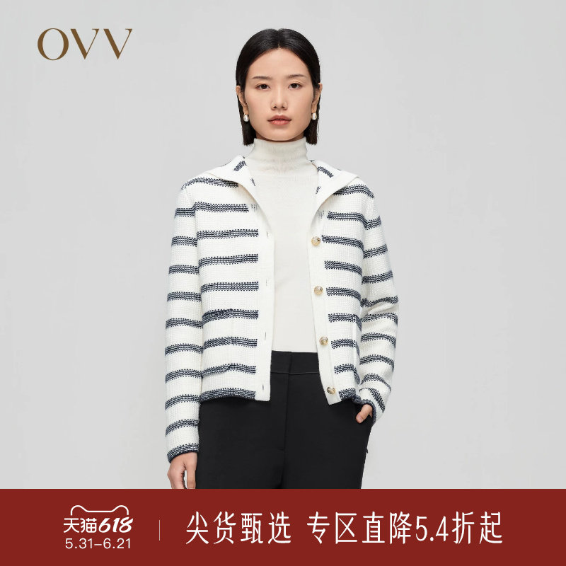OVV秋冬新款女装羊毛条纹法式浪漫海军领休闲长袖针织外套