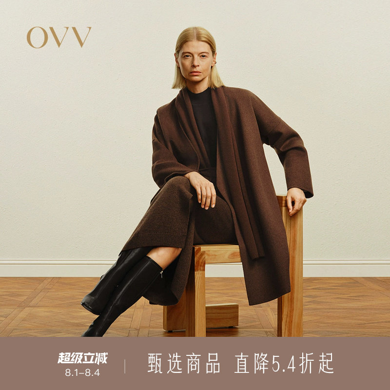 OVV秋冬热卖女装简约随附腰带围巾保暖羊毛双面呢大衣