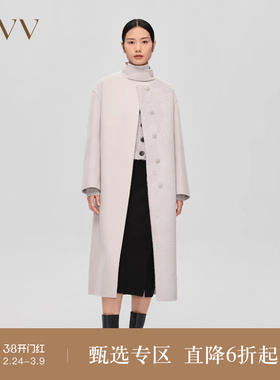 OVV秋冬新款女装羊毛双面呢拼环保皮草配腰带长款大衣