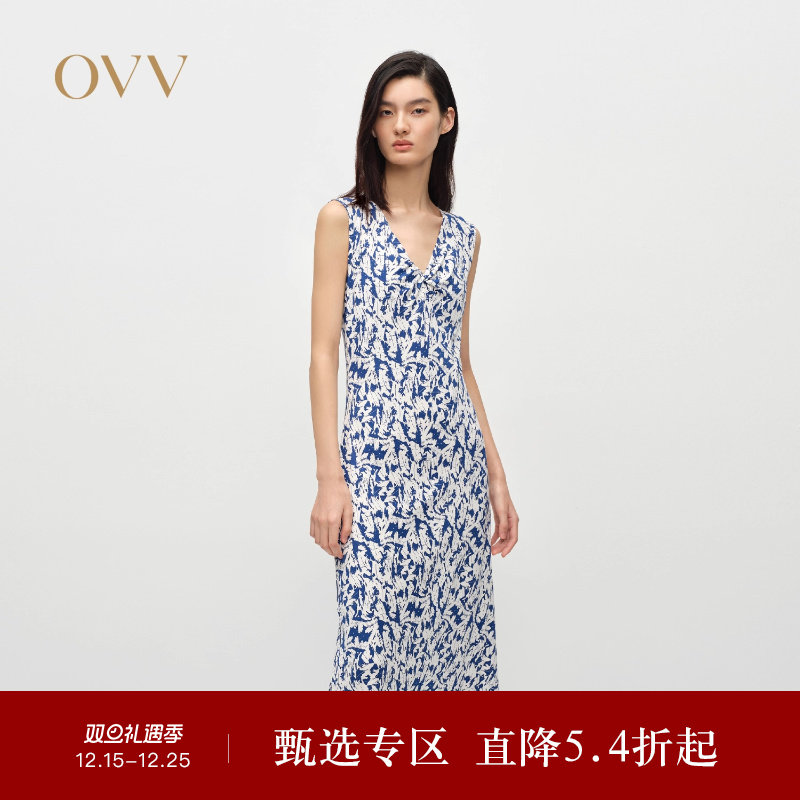 OVV2025春夏新款女装清爽印花扭结设计V领两件套连衣裙
