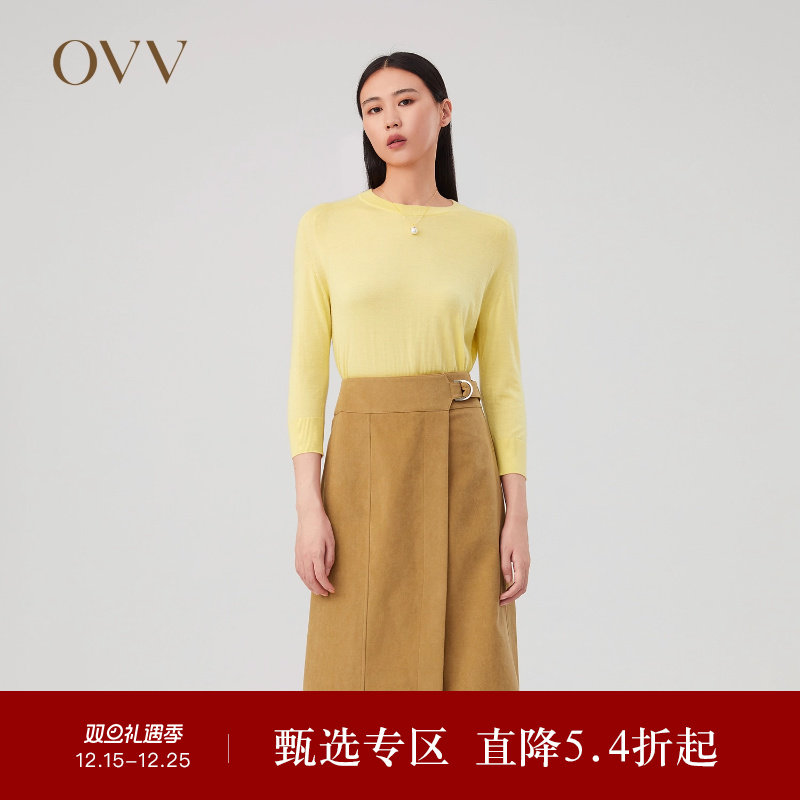 OVV秋冬新款女装丝羊绒马鞍肩经典圆领七分袖针织衫