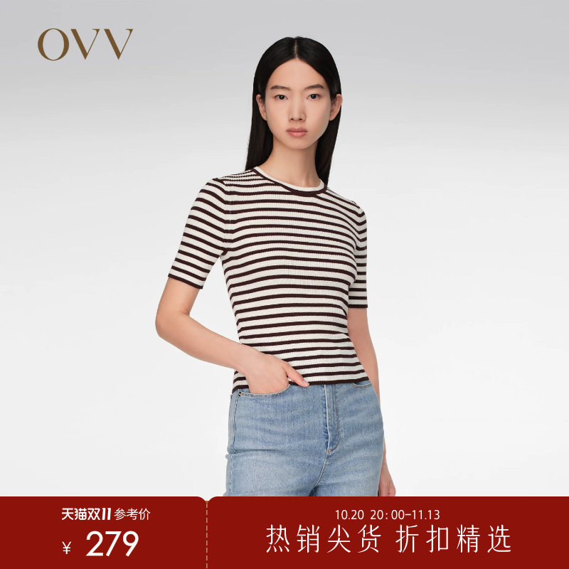 OVV春夏热卖女装丝棉混纺基础条纹圆领短袖针织衫