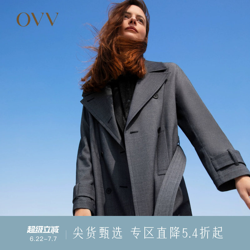 OVV秋冬新款女装仿牛仔羊毛面料双排扣经典休闲长款风衣