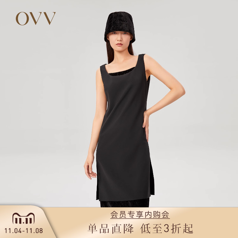 OVV女装日本进口闪光面料镶拼无袖小黑裙连衣裙GQLWJ31102A