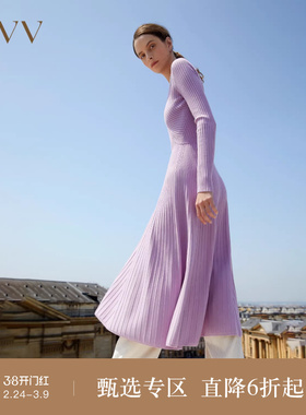 OVV秋冬新款女装舒适V领A字廓形下摆伞裙长袖针织连衣裙