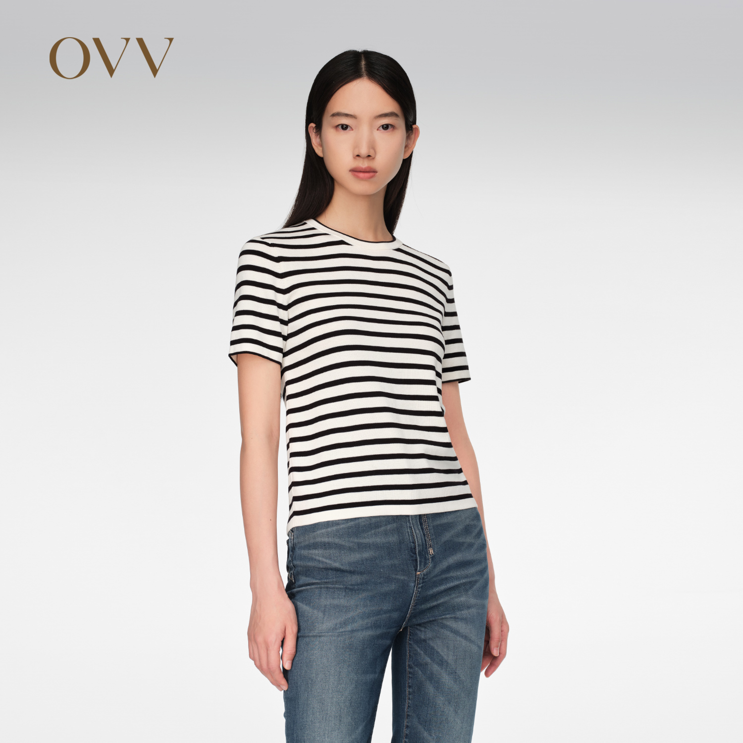春夏条纹短袖针织衫OVV圆领