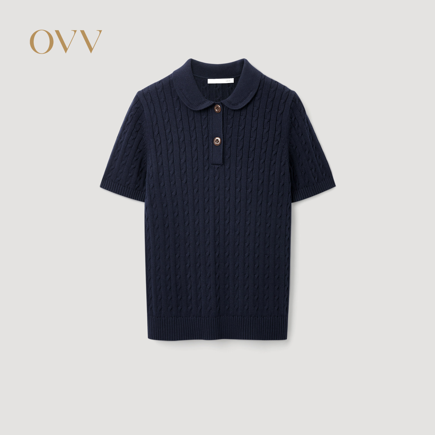OVV2025秋冬新款女装经典立体花型复古精致翻领短袖针织衫