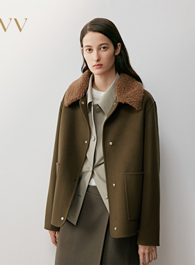 OVV2025秋冬新款女装可拆卸拼接领直筒羊毛休闲短大衣