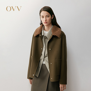 OVV2025秋冬新款女装可拆卸拼接领直筒羊毛休闲短大衣