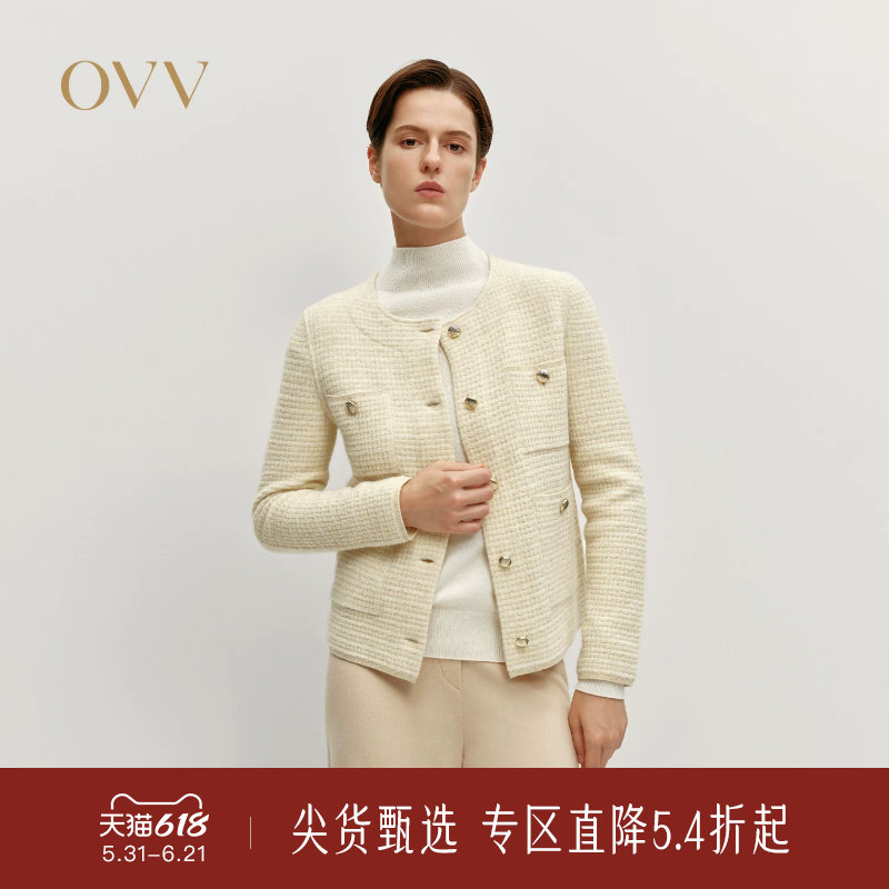 OVV秋冬热卖女装时髦精致小圆领花纱羊毛针织开衫外套