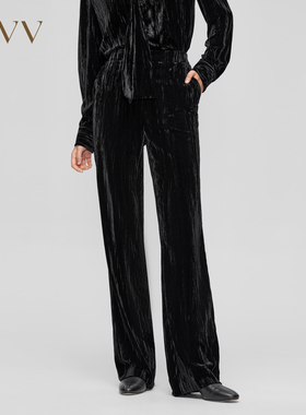 OVV秋冬新款女装压褶奢华丝绒光泽肌理感微喇休闲长裤