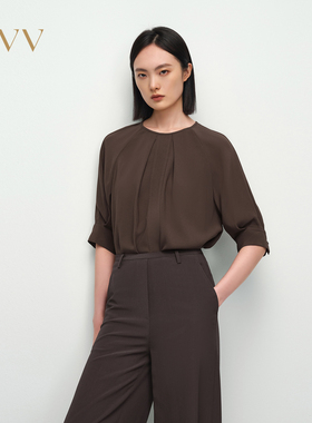OVV2025春夏新款女装淡人醋酸混纺前中褶皱设计休闲短袖上衣