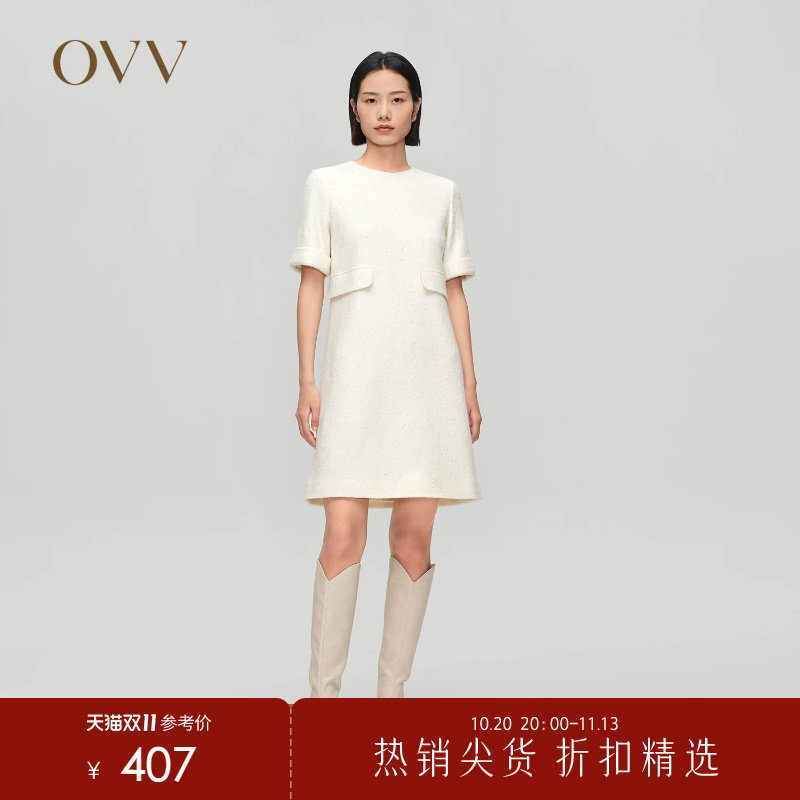 OVV秋冬热卖女装针织羊毛珠片点缀中长款直筒短袖连衣裙