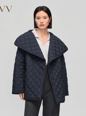 OVV秋冬新款女装经典时髦大翻领小菱格保暖棉服外套