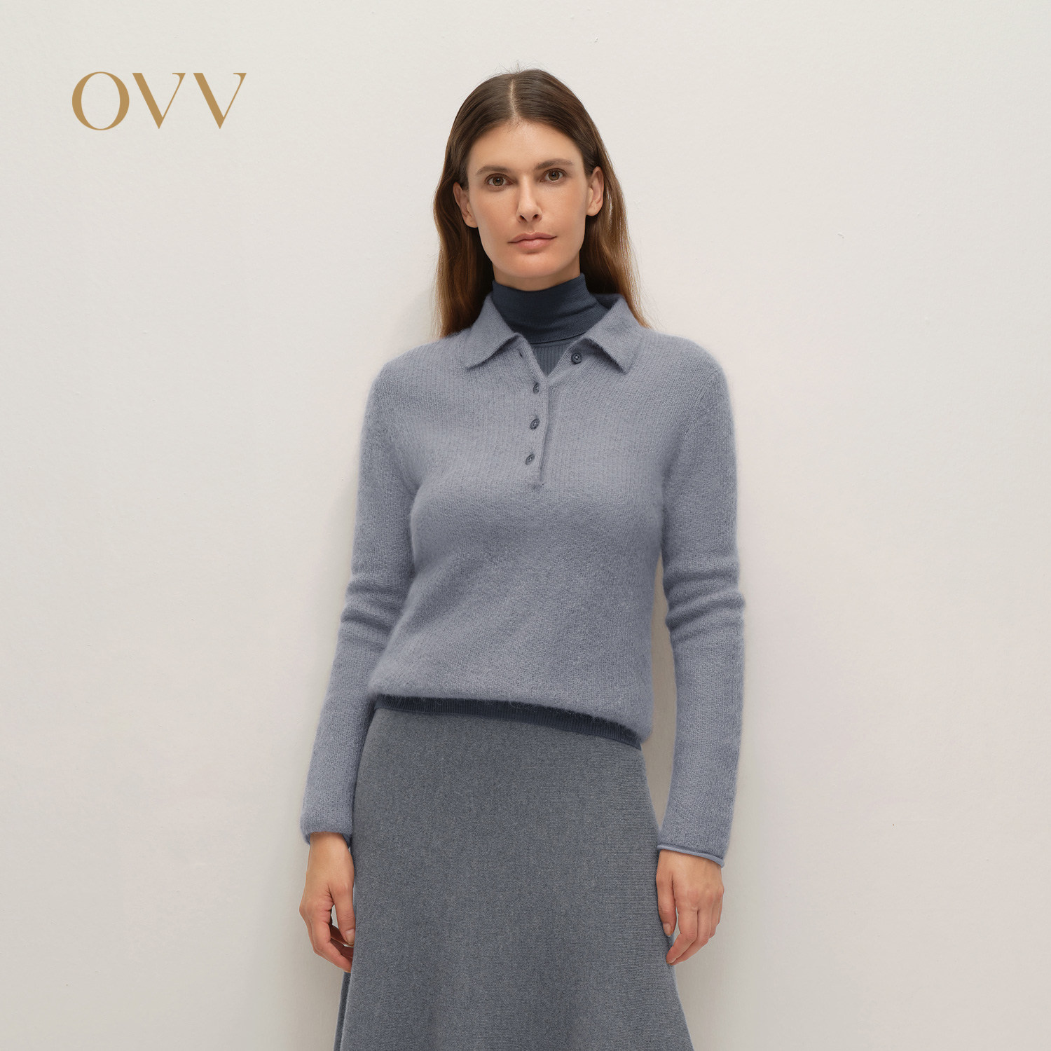 OVV2025秋冬新款女装POLO领蓬松柔软马海毛长袖针织衫
