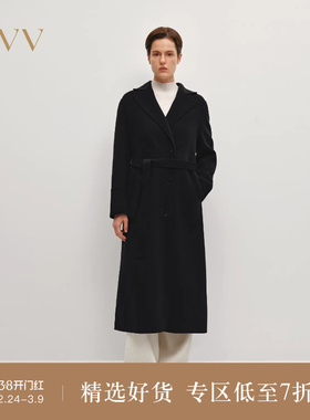 OVV秋冬热卖女装优雅平驳领随附腰带中长羊毛双面呢大衣