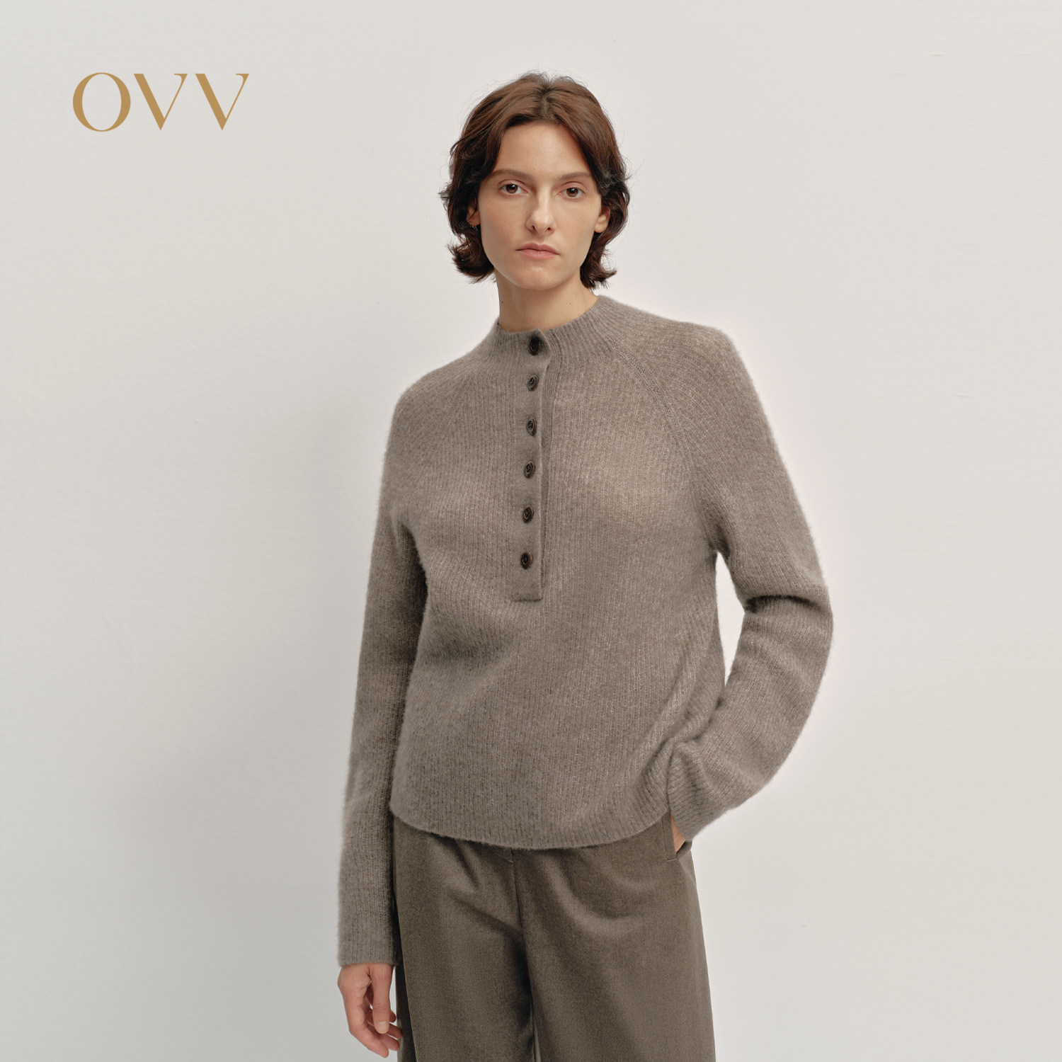 OVV2025秋冬新款女装半开襟休闲通勤舒适羊绒长袖针织衫