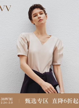 OVV春夏热卖女装空气洗匹马棉V领泡泡袖短袖套头衫上衣