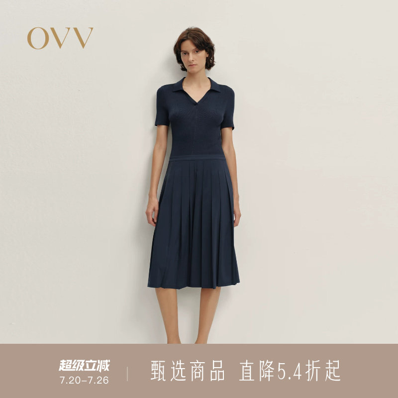 OVV秋冬新款女装针梭镶拼四面弹休闲通勤短袖百褶连衣裙
