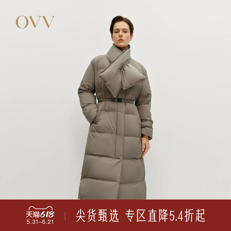 OVV秋冬热卖女装大横格绗线可拆卸充绒围巾V领羽绒服