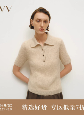 OVV秋冬热卖女装半开襟POLO领马海毛半透明短袖针织衫