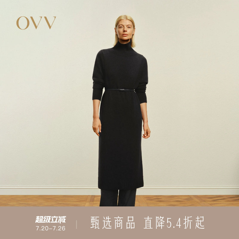 OVV秋冬热卖女装高领直筒羊毛随附腰带长袖针织连衣裙