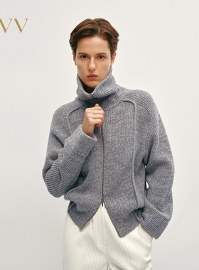 OVV秋冬热卖女装大翻领双头拉链插肩袖长袖针织外套