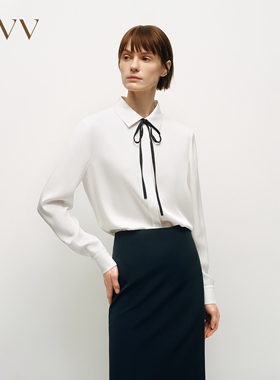 OVV春夏热卖女装经典暗门襟可拆卸撞色飘带长袖休闲衬衫