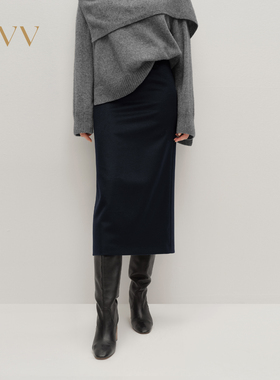 OVV2025秋冬新款女装美丽诺羊毛休闲通勤中腰直筒半身裙