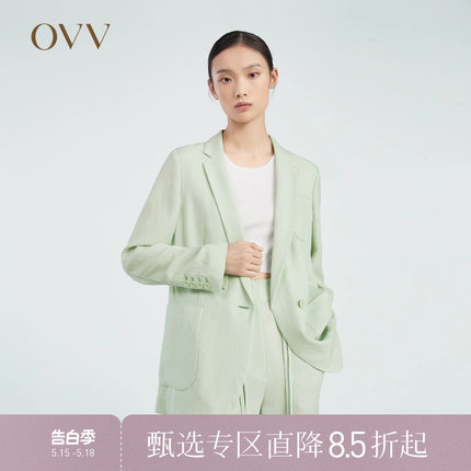 OVV春夏热卖女装时尚舒适三醋酸仿麻平驳领休闲西服外套