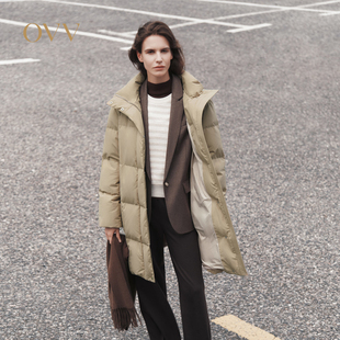 OVV2025秋冬新款女装立领鹅绒落肩袖方格绗线中长羽绒服