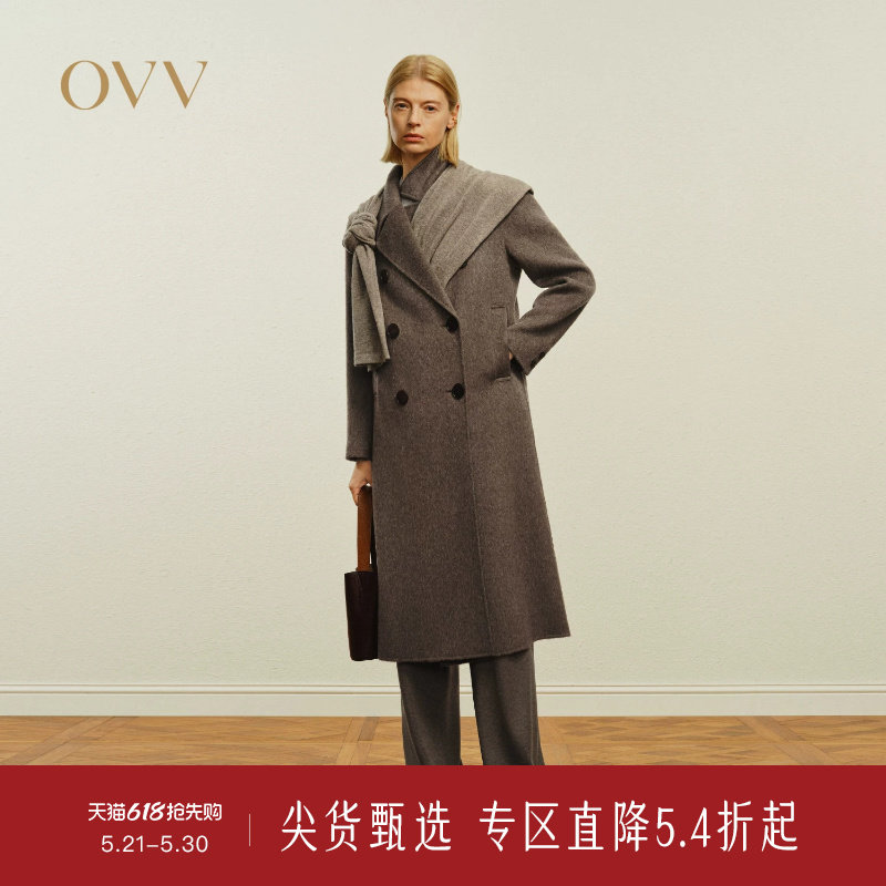 OVV秋冬热卖女装复古平驳领双排扣中长双面呢羊毛大衣