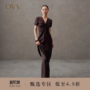 中长款 丝棉混纺V领短袖 A字休闲连衣裙 女装 OVV春夏热卖